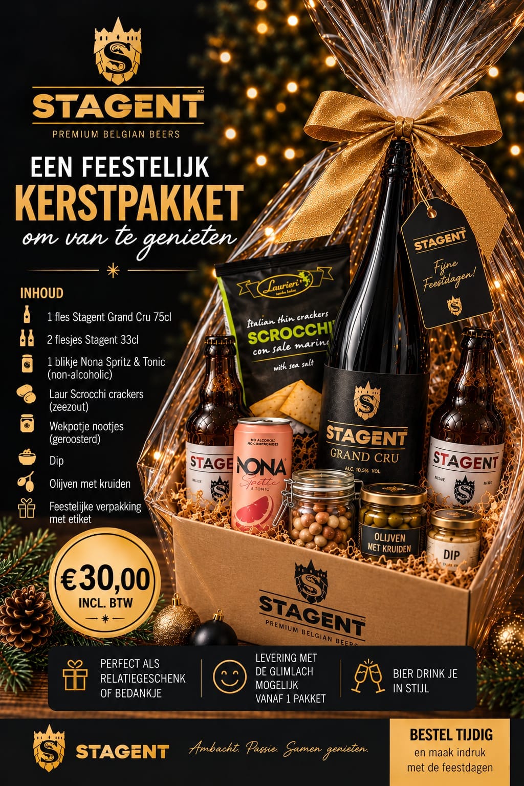 Het kerstpakket van Stagent: een mand met een fles Grand Cru, twee flesjes Stagent, een blikje Nona Spritz & Tonic, crackers, nootjes, dip en olijven, feestelijk verpakt met een gouden strik.